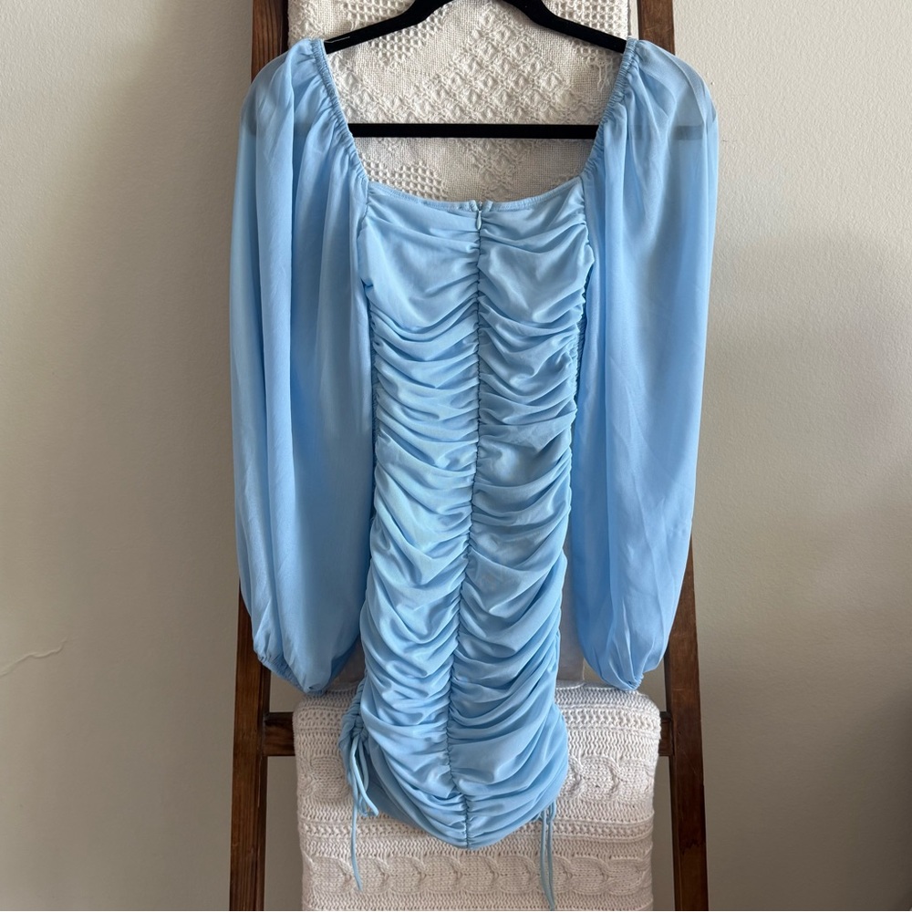 Hello Molly Light Blue Ruched Tie Detail Long Sleeve Mini Dress - Picture 4 of 4